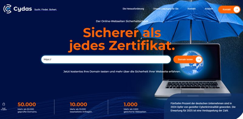 Startseite von cydas.eu mit dem Domain-Schnelltest