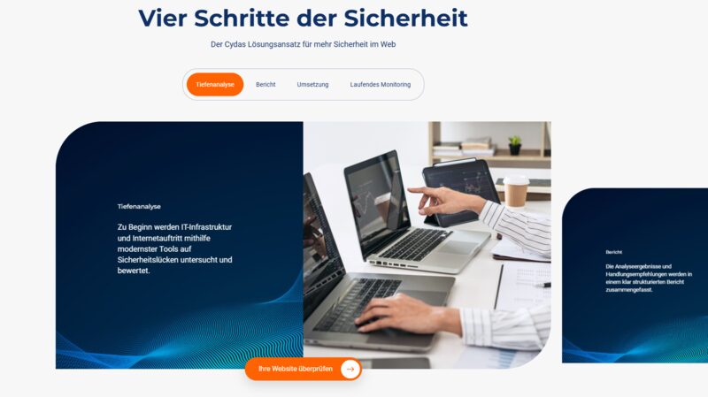 cydas.eu: Vier Schritte der Sicherheit, Tiefenanalyse, Bericht, Umsetzung, laufendes Monitoring