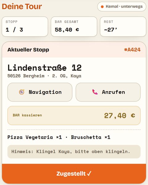 Mourys, Fahrer-App: Tour mit drei Stopps, aktueller Stopp mit Adresse, Navigation, Anrufen, Bar kassieren und dem Knopf Zugestellt